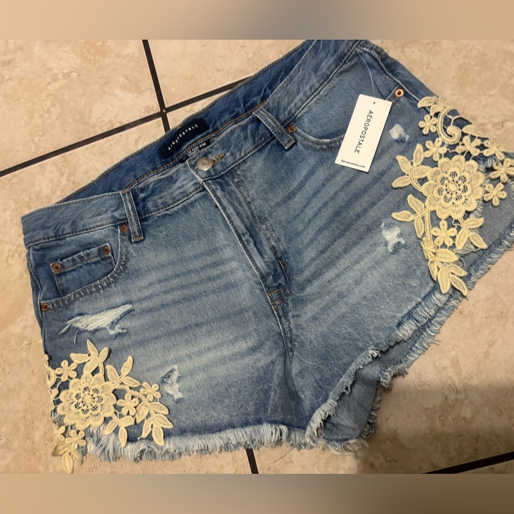 Aeropostale Blue and Cream Jean Shorts Distressed Style